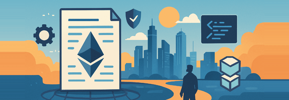 A panoramic digital illustration featuring Ethereum smart contract symbols over a futuristic cityscape, with a large Ethereum document, code snippets, gears, and shield icons, surrounded by a red border at the top and bottom.