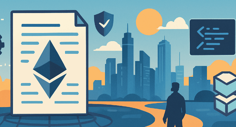 A panoramic digital illustration featuring Ethereum smart contract symbols over a futuristic cityscape, with a large Ethereum document, code snippets, gears, and shield icons, surrounded by a red border at the top and bottom.