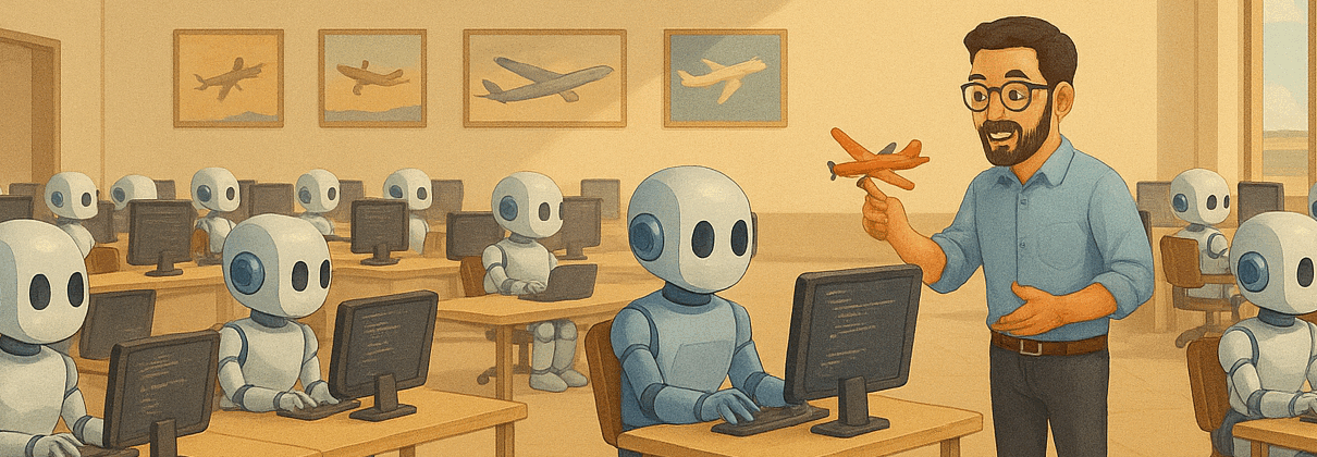 Senior software engineer pointing at a glowing screen while guiding a humanoid AI robot through complex code in a futuristic tech workspace.