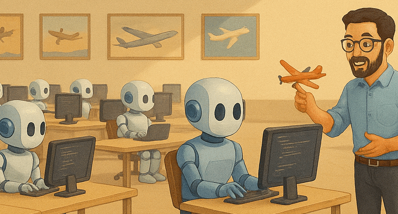 Senior software engineer pointing at a glowing screen while guiding a humanoid AI robot through complex code in a futuristic tech workspace.