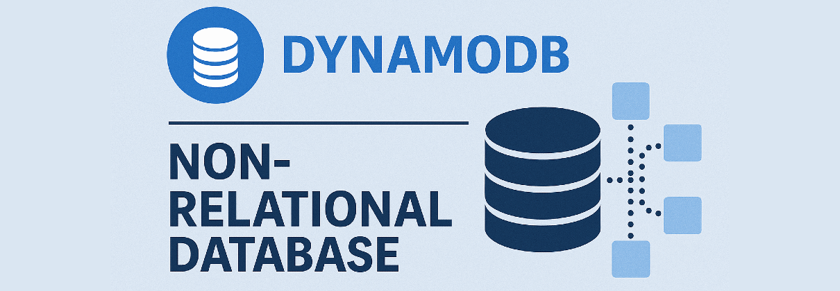 Illustration of Amazon DynamoDB and non-relational database concept with blue tones, including the DynamoDB logo, title, horizontal divider, and data visualization icons.