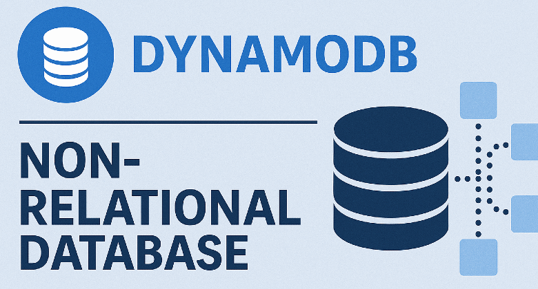 Illustration of Amazon DynamoDB and non-relational database concept with blue tones, including the DynamoDB logo, title, horizontal divider, and data visualization icons.