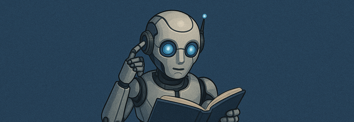 A humanoid robot with glowing blue eyes reading a book, symbolizing machine learning and artificial intelligence comprehension.