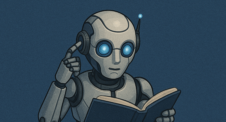 A humanoid robot with glowing blue eyes reading a book, symbolizing machine learning and artificial intelligence comprehension.