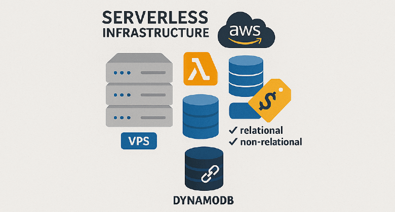 A minimalist infographic illustrating serverless infrastructure using AWS services, including Lambda, DynamoDB, Aurora, and VPS, emphasizing cost-effectiveness and database model choices.