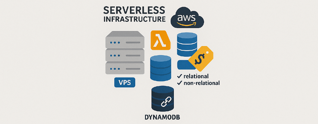 A minimalist infographic illustrating serverless infrastructure using AWS services, including Lambda, DynamoDB, Aurora, and VPS, emphasizing cost-effectiveness and database model choices.