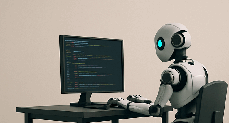 Illustration of a developer collaborating with an AI assistant ChatGPT Codex to write code and tests, with GitHub and test results in the background