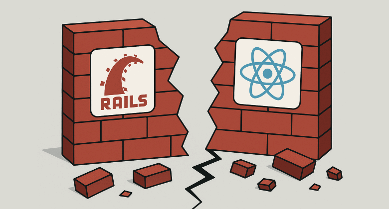 Two brick walls with Ruby on Rails and ReactJS logos split apart by a jagged crack, representing a monolith being divided.