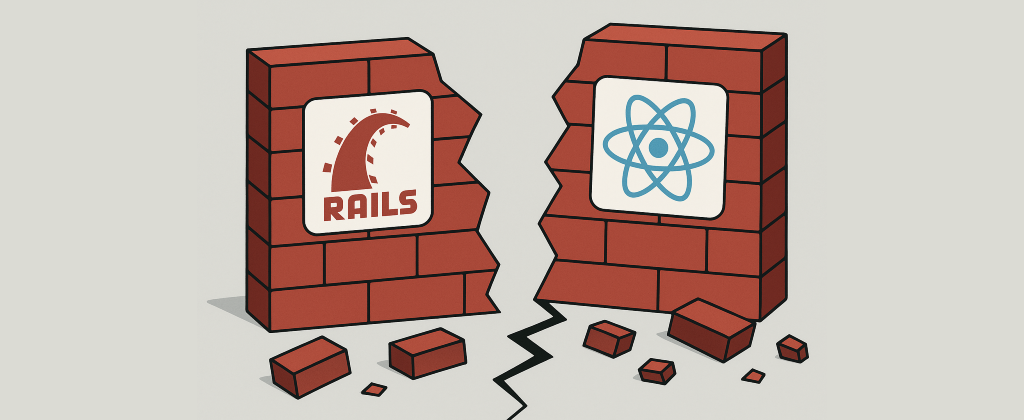 Two brick walls with Ruby on Rails and ReactJS logos split apart by a jagged crack, representing a monolith being divided.