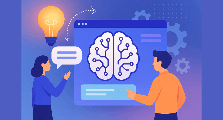 Illustration of two people interacting with a digital interface showing an abstract brain made of circuit lines, symbolizing AI prompt engineering, with light bulbs and gears in the background.
