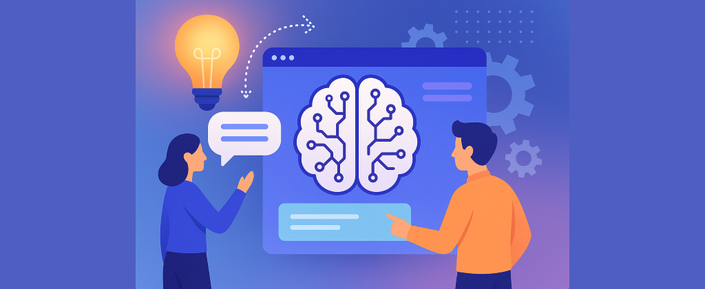 Illustration of two people interacting with a digital interface showing an abstract brain made of circuit lines, symbolizing AI prompt engineering, with light bulbs and gears in the background.