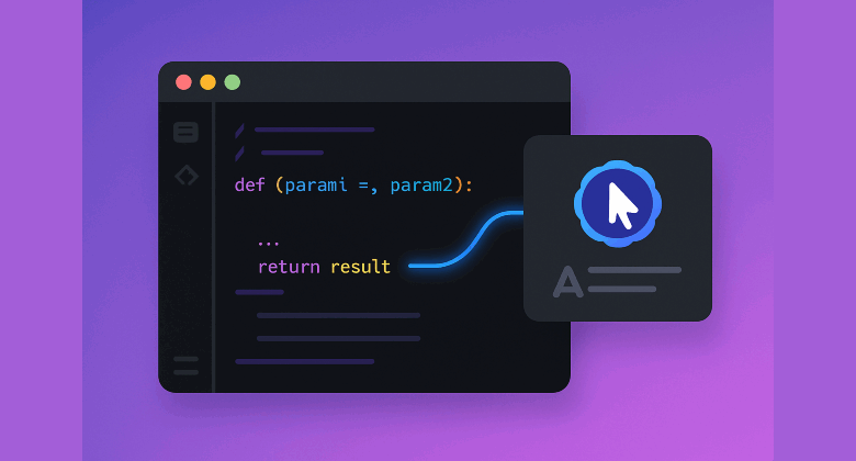 Dark-themed AI code editor interface showing a Python function with syntax highlighting and a glowing connection to an AI assistant panel, set against a purple background.