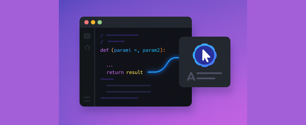 Dark-themed AI code editor interface showing a Python function with syntax highlighting and a glowing connection to an AI assistant panel, set against a purple background.