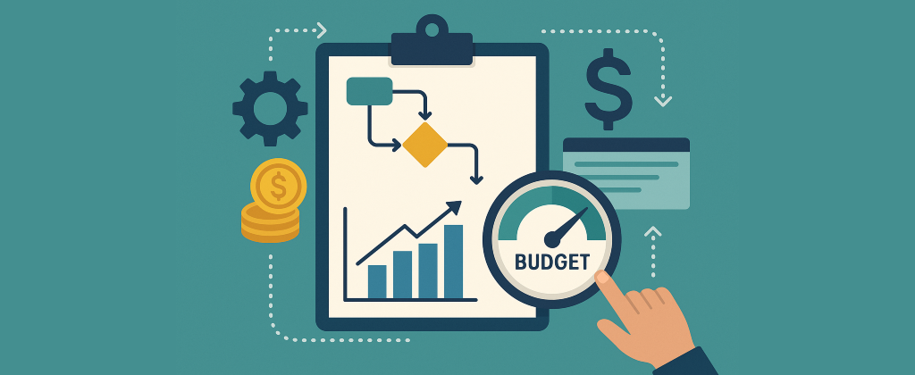 A flat vector illustration showing a budgeting system with a clipboard containing charts and flow diagrams, gears, coins, and a budget gauge being adjusted by a hand.