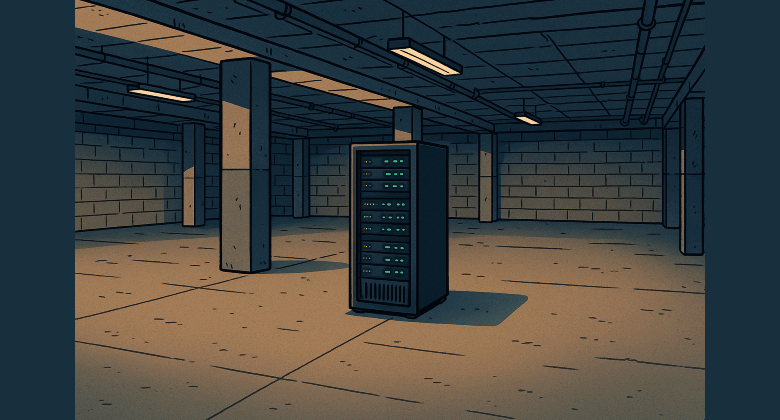 A cartoon-style server rack stands alone in the center of a large, dimly lit basement with concrete walls, exposed ceiling pipes, and soft overhead lighting.