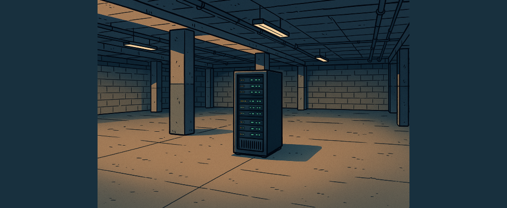 A cartoon-style server rack stands alone in the center of a large, dimly lit basement with concrete walls, exposed ceiling pipes, and soft overhead lighting.