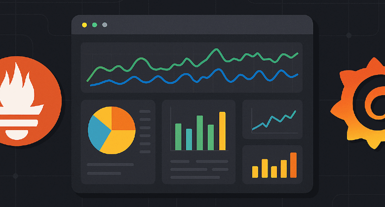 Illustration of Prometheus and Grafana logos with a central monitoring dashboard showing charts and graphs.