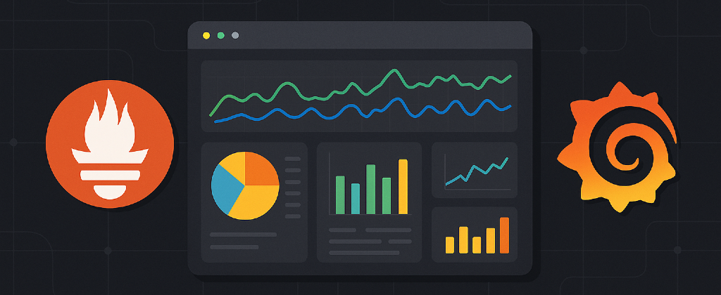 Illustration of Prometheus and Grafana logos with a central monitoring dashboard showing charts and graphs.